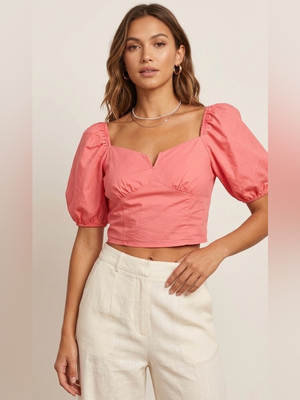 TGLA Salmon Pink Puff Sleeve‎ Crop Top - Size Medium | Romantic Neck 100% cotton